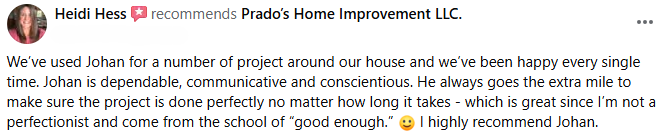 Five-star Facebook review from Heidi Hess recommending Prado’s Home Improvement and Johan